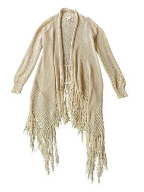 Lovestitch Open-Front Beige Cardigan Fringe Hem Medium Cotton Blend